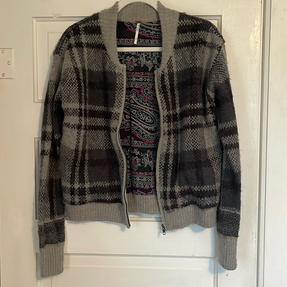 Free People Oh My Plaid Sweater Jacket L full zip lined